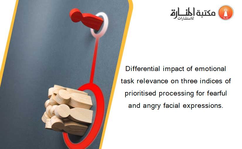 Differential impact of emotional task relevance on three indices of prioritised processing for fearful and angry facial expressions.
