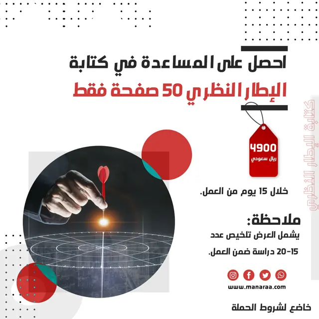 احصل على المساعدة في كتابة الإطار النظري 50 صفحة فقط بسعر 4900 ريال سعودي خلال 15 يوم من العمل. 